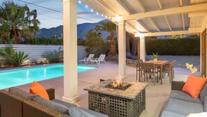 Outdoor dining - Mountain-View Retreat: Pet-Friendly Home with Private Pool (Palm Springs)