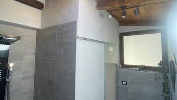 Shower, hair dryer, bidet, towels