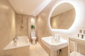 Shower, hair dryer, shampoo
