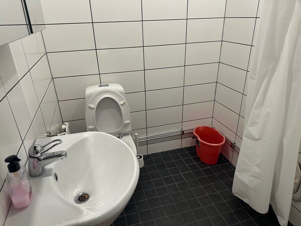 A bathroom with a white sink, a toilet, a red trash bin, and a white shower curtain.