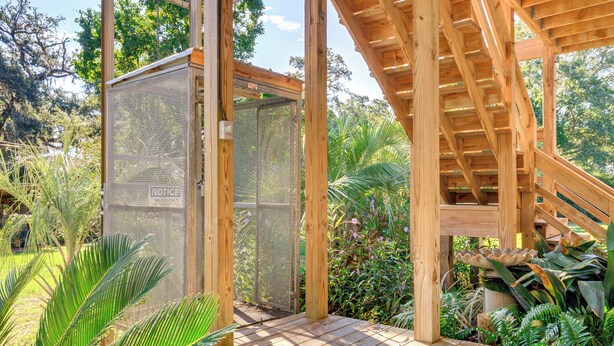 A wooden deck with a mesh enclosure and a staircase leading to an upper level. - Waterfront Gulf Coast Home w/ Outdoor Oasis! (Gautier)
