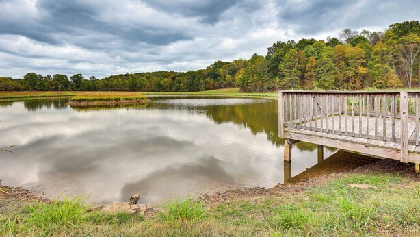 A calm lake with a wooden dock extending into the water, surrounded by trees and a cloudy sky.