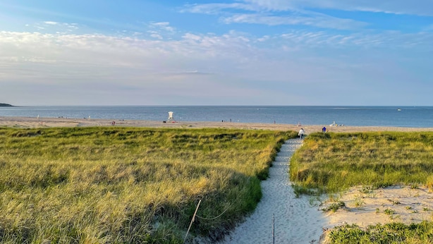 Ein Strand mit einem grasbewachsenen Pfad, der zum Wasser führt, einem Rettungsturm und Personen in der Ferne.