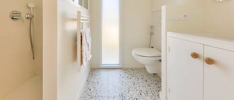A bathroom with a shower, toilet, and a cabinet.