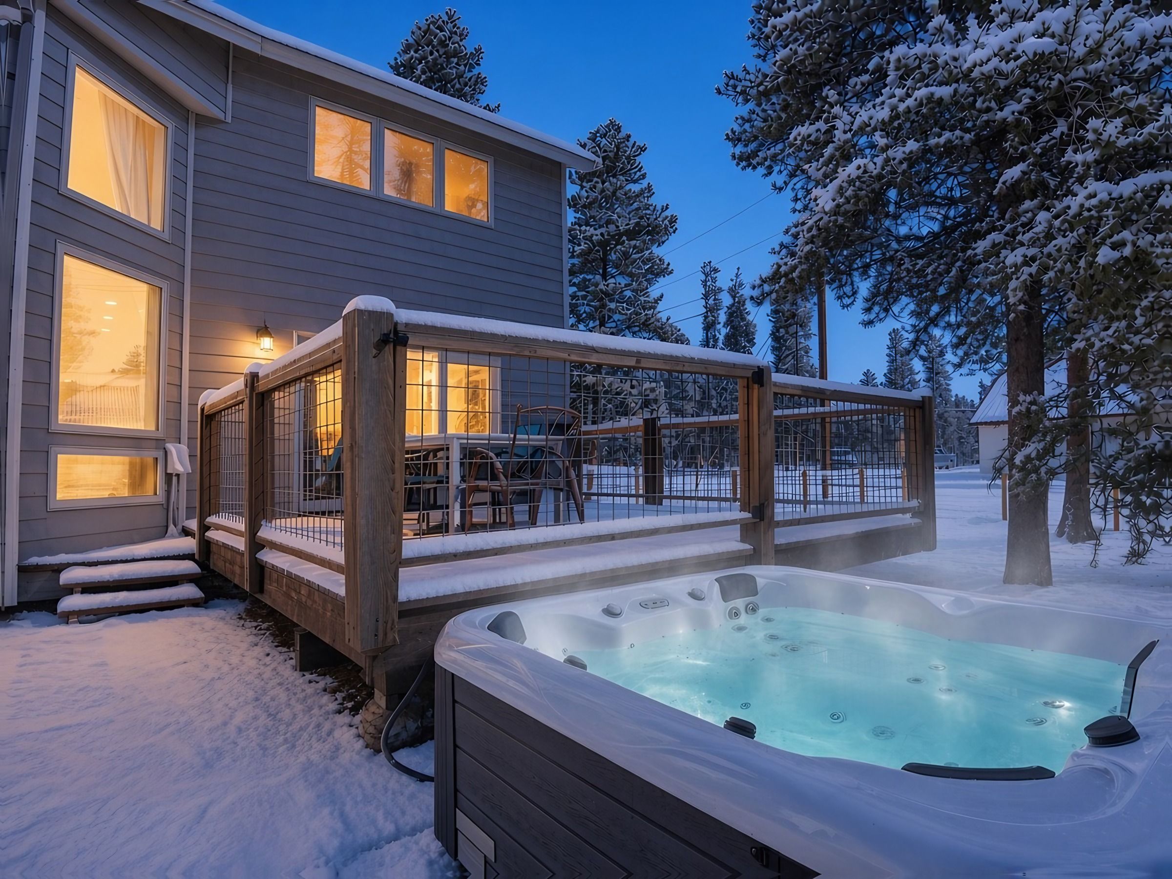 A house with a hot tub and a deck.