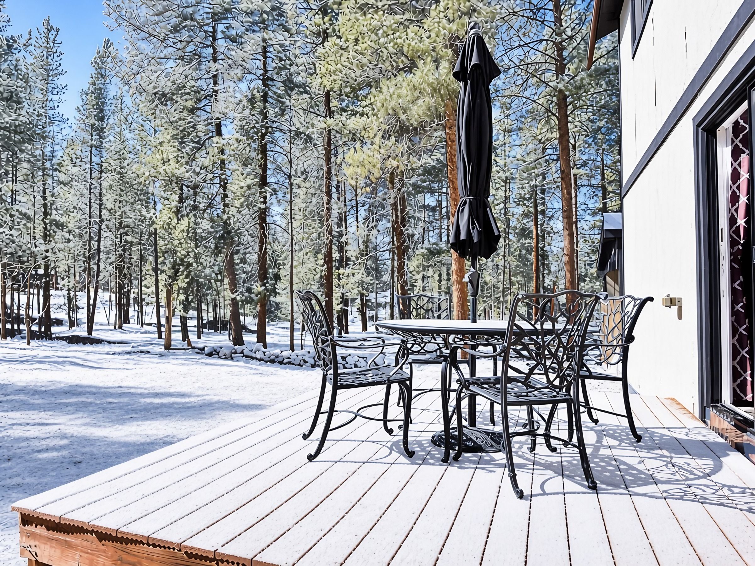 A wooden deck with a table and chairs, surrounded by snow-covered trees.