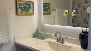 Shower, hair dryer, bidet, towels