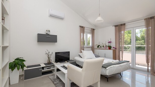 Habitació moderna i ben il·luminada amb un llit, un televisor, un escriptori i una cadira. Hi ha una finestra amb cortines, una planta i una estanteria amb flors.