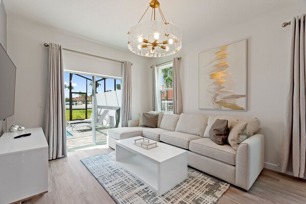 Townhome, 6 Bedrooms | Living area | Smart TV - Boutique Retreat, Azzure Resort, Near Orlando And Disney By Shine Villas 6 Bedroom Townhouse (Davenport)