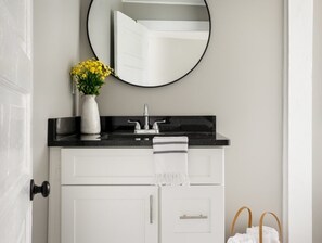 Hair dryer, towels, soap, toilet paper