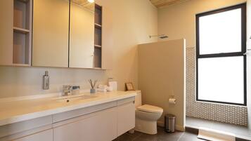 A modern bathroom with a large mirror, a toilet, and a sink.