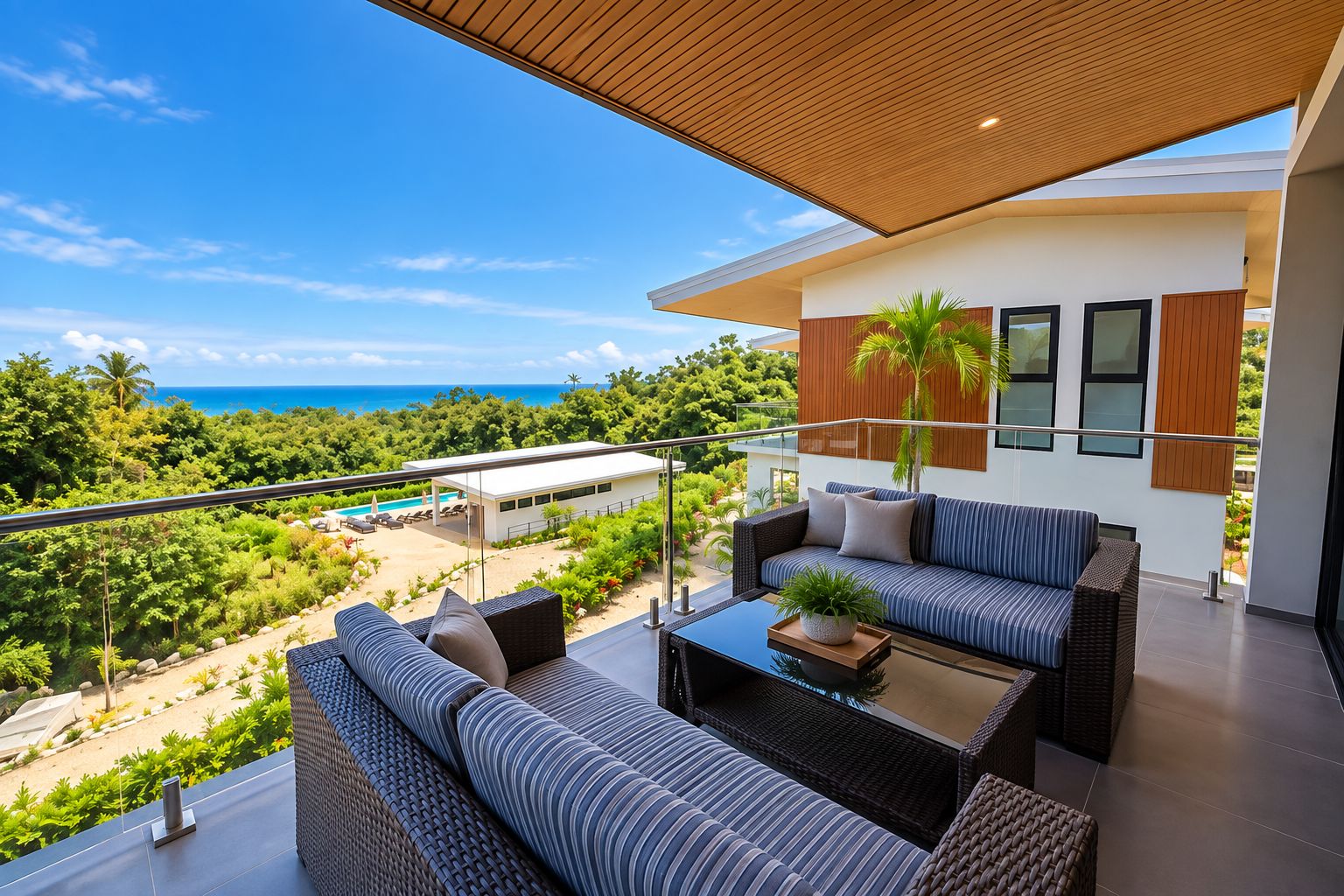 Un balcón con mobiliario exterior, vista al océano y zona de piscina.