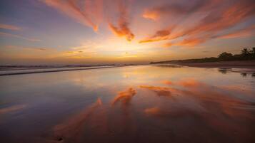 Uma praia com um pôr do sol, águas calmas e palmeiras ao longe.