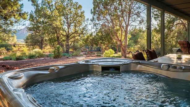 A hot tub with a view of trees and mountains. - NEW! Peaceful Sedona Gem (Sedona)