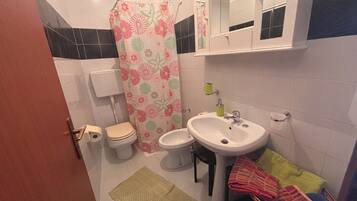 Hair dryer, towels, soap, toilet paper