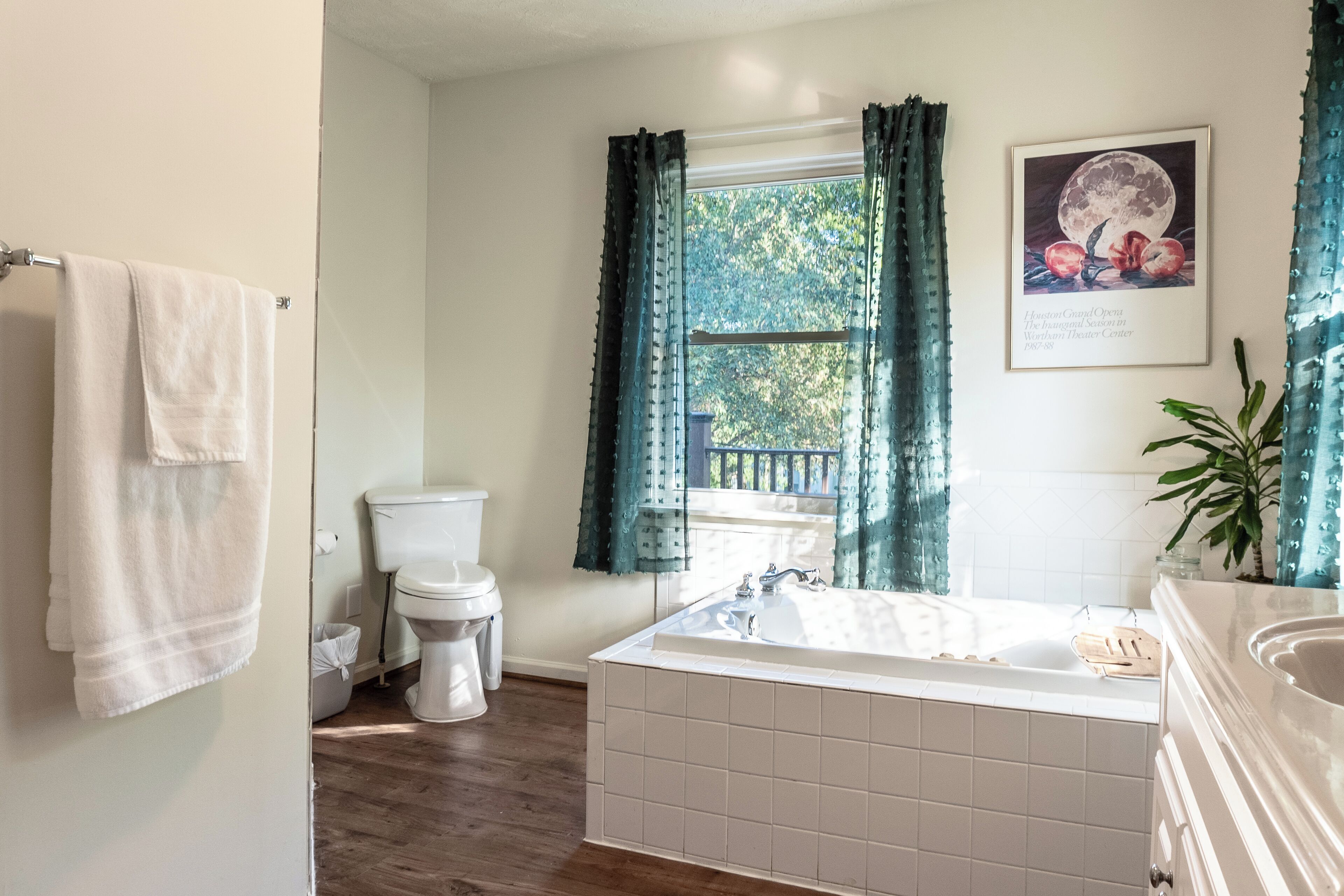 Shower, jetted bath, hair dryer, towels