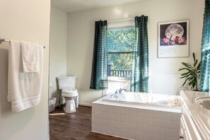 Shower, jetted tub, hair dryer, towels