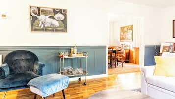 Smart TV, fireplace, books, music library