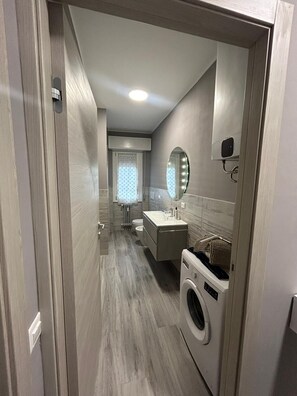 Shower, hair dryer, bidet, towels