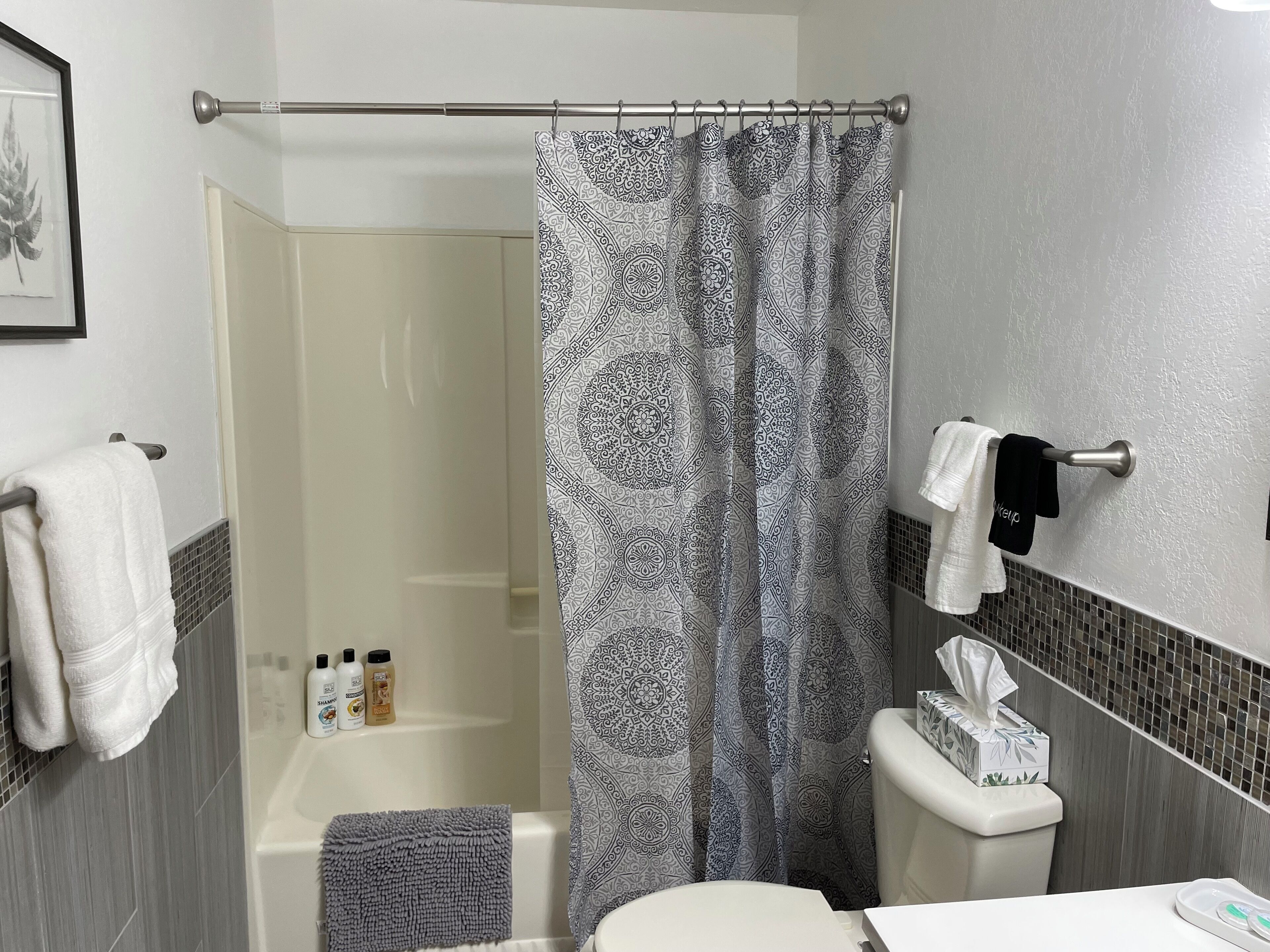 Hair dryer, towels, soap, shampoo