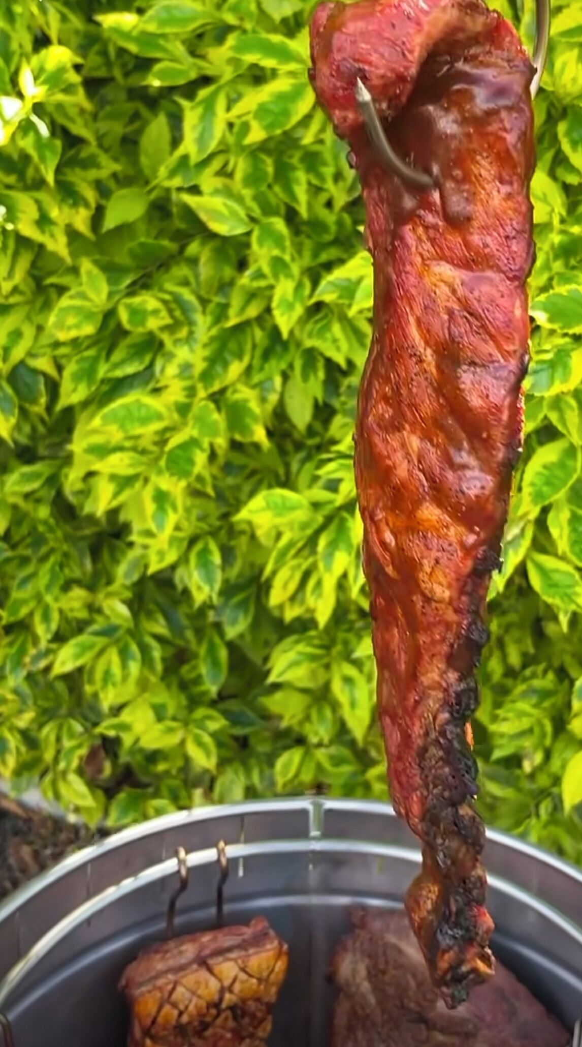 A large, vertically hanging meat on a spit, likely for roasting, with a green leafy background.