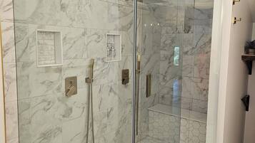 Shower, towels, soap, shampoo