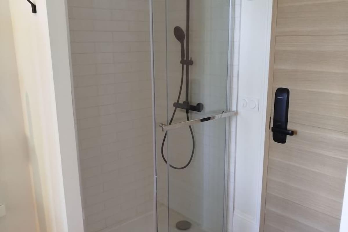 A glass-enclosed shower with a handheld showerhead and a handheld scrubber.