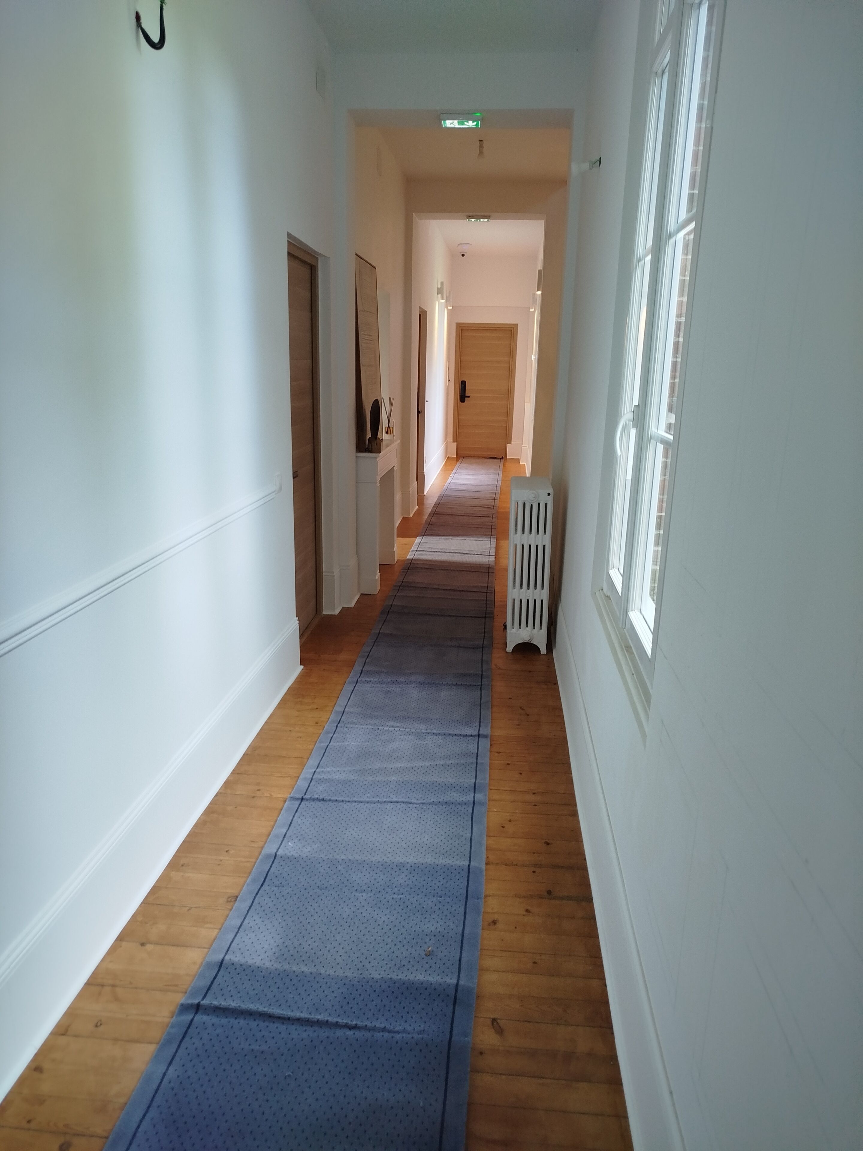 Un pasillo con suelo de madera y un tapete azul, paredes blancas y una puerta al final.