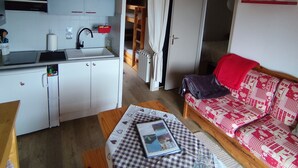 A compact living space with a kitchenette, a sofa, and a dining area.