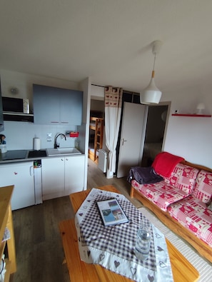 A compact living space with a kitchenette, a sofa, and a dining area.