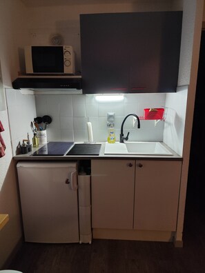 Frigorífico, microondas, horno y placa de cocina