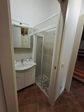 A bathroom with a white sink, mirror, and shower. - Il Castellaro ai Sassi (Guiglia)