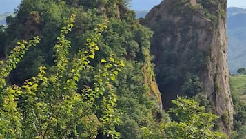 Eine gebirgige Landschaft mit markanten Felsformationen und üppiger Vegetation.