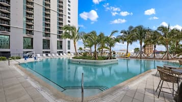 Relax by the pool surrounded by palm trees and lounge chairs.