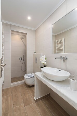 Shower, hair dryer, towels, soap