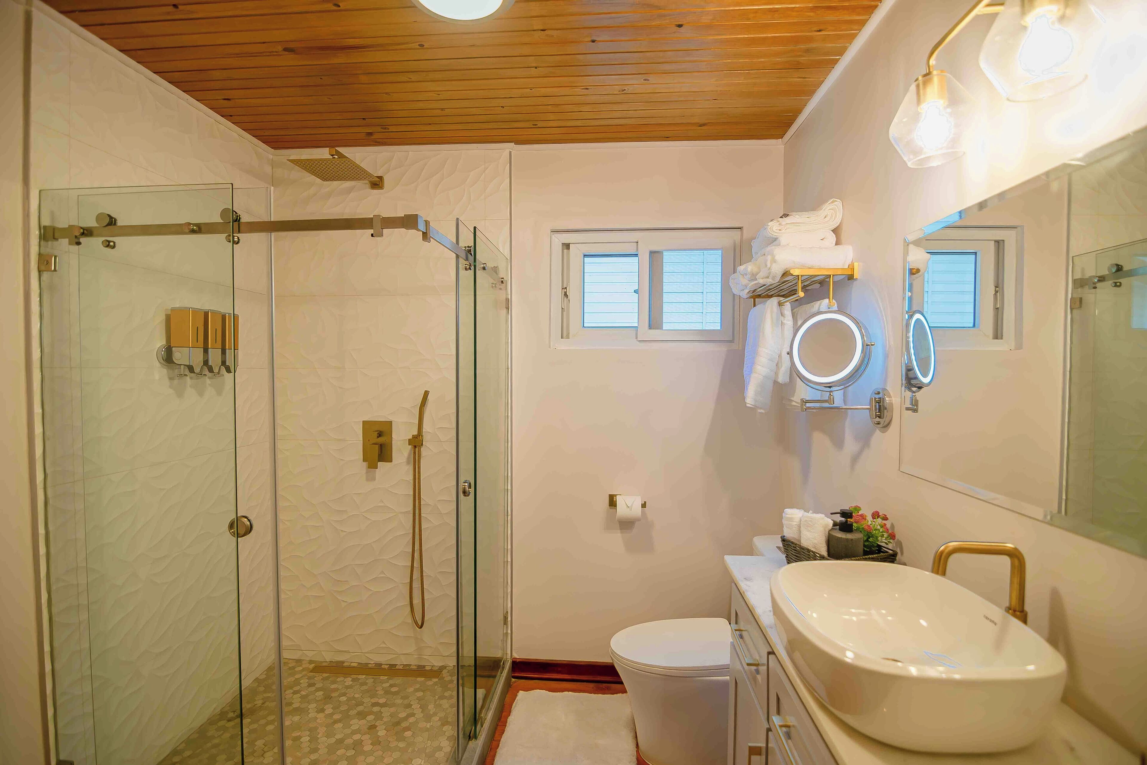 Un baño con ducha de vidrio, un lavabo blanco y un espejo con iluminación.