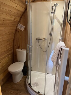 Une petite salle de bain rustique, aménagée dans une cabane en bois, avec des toilettes, une douche et un lavabo.