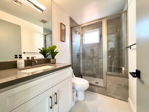 Hair dryer, towels, soap, shampoo