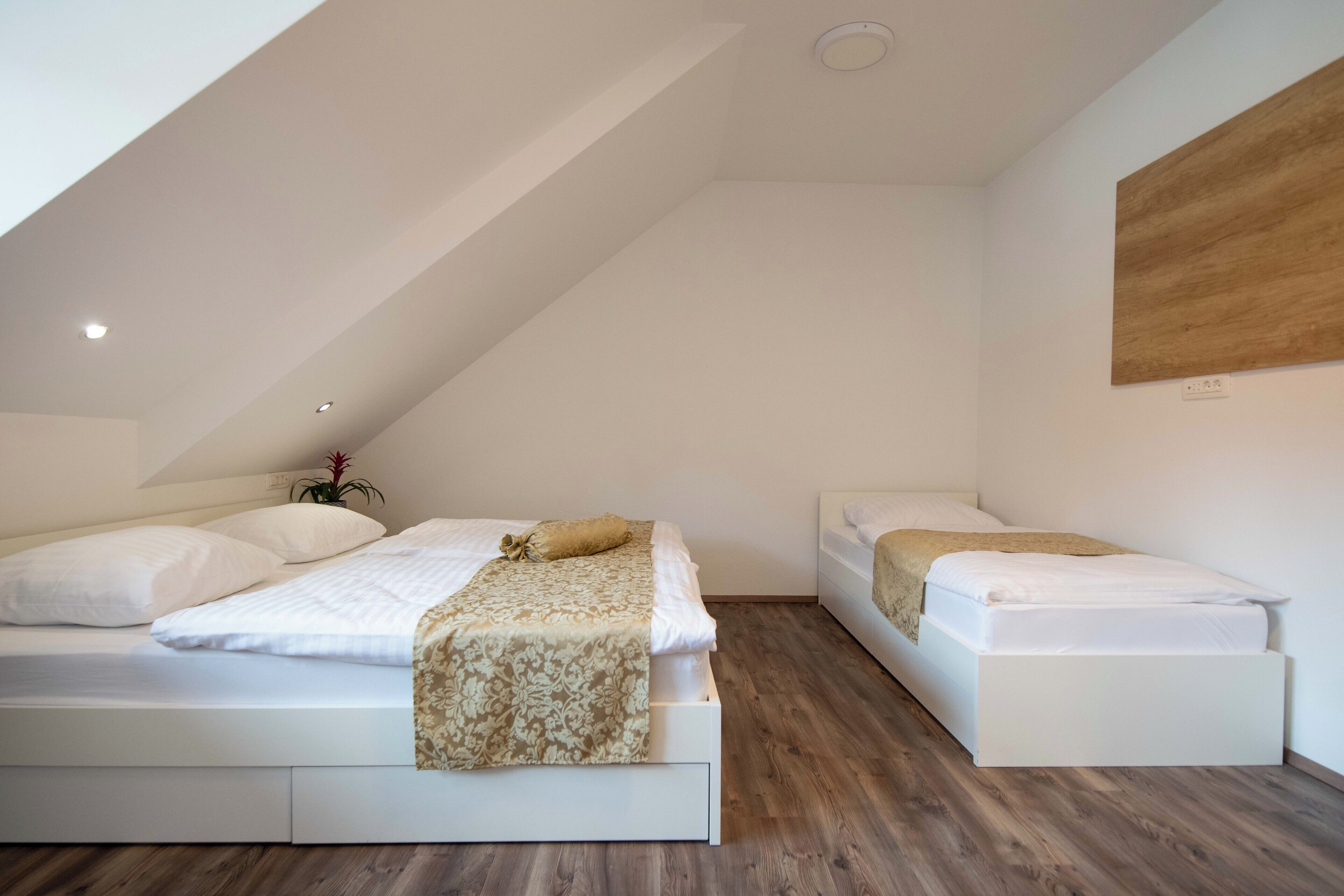 Un dormitorio moderno con dos camas, suelo de madera y techo inclinado.