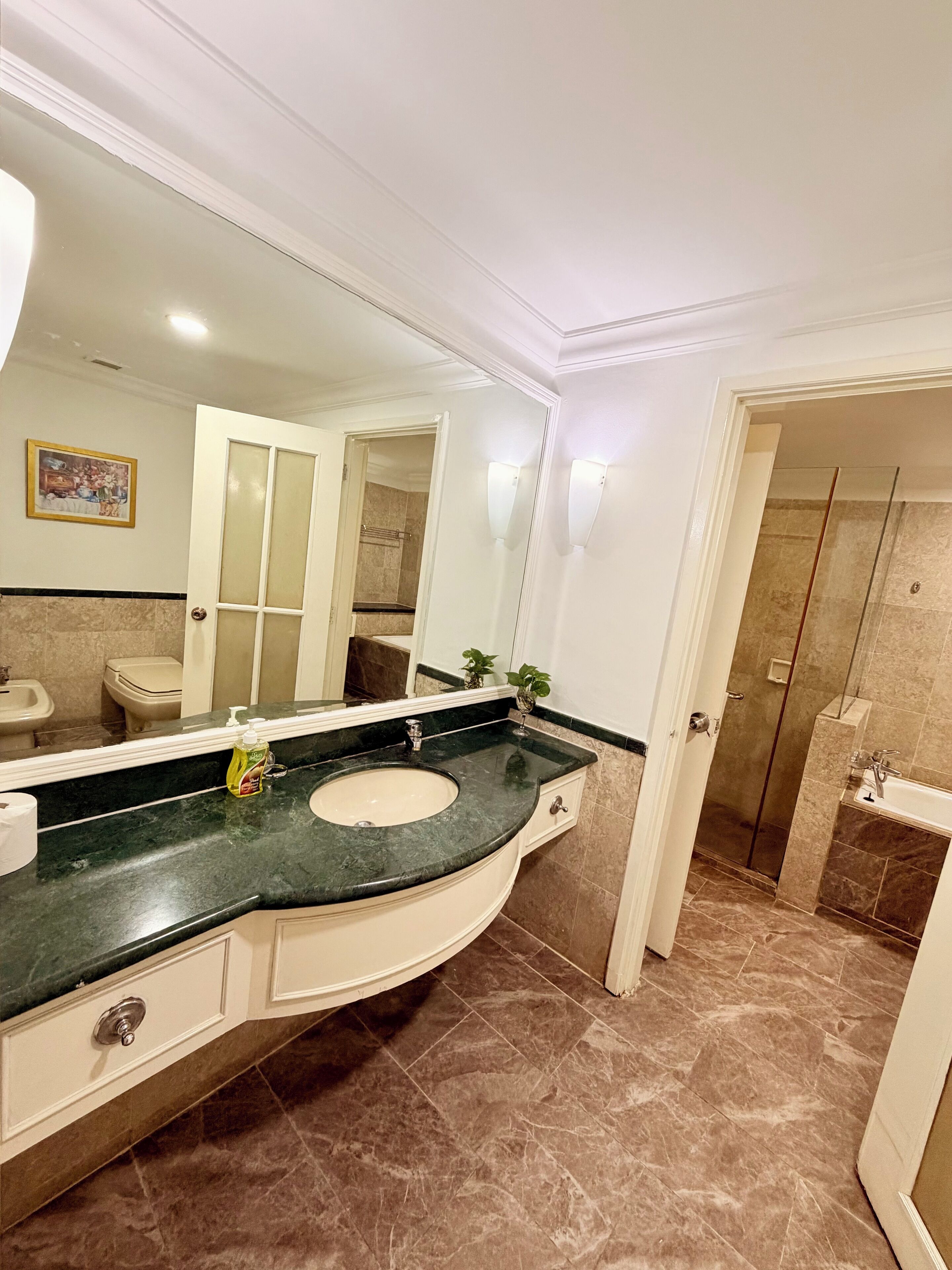 A bathroom with a curved vanity, a large mirror, a sink, and a shower area.