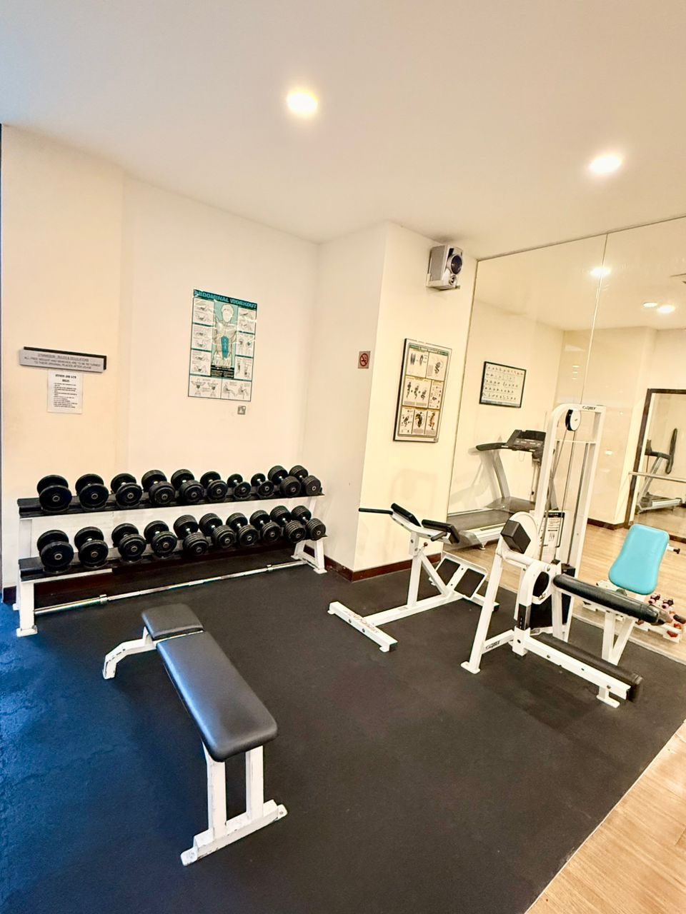A gym with dumbbells, benches, and exercise equipment.