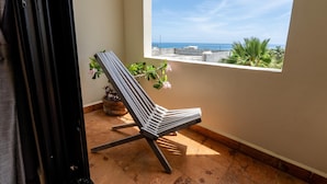 Un balcon avec vue sur la mer, une chaise et des plantes en pot.