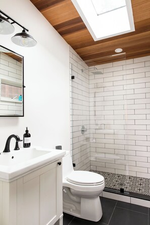 Hair dryer, towels, soap, toilet paper