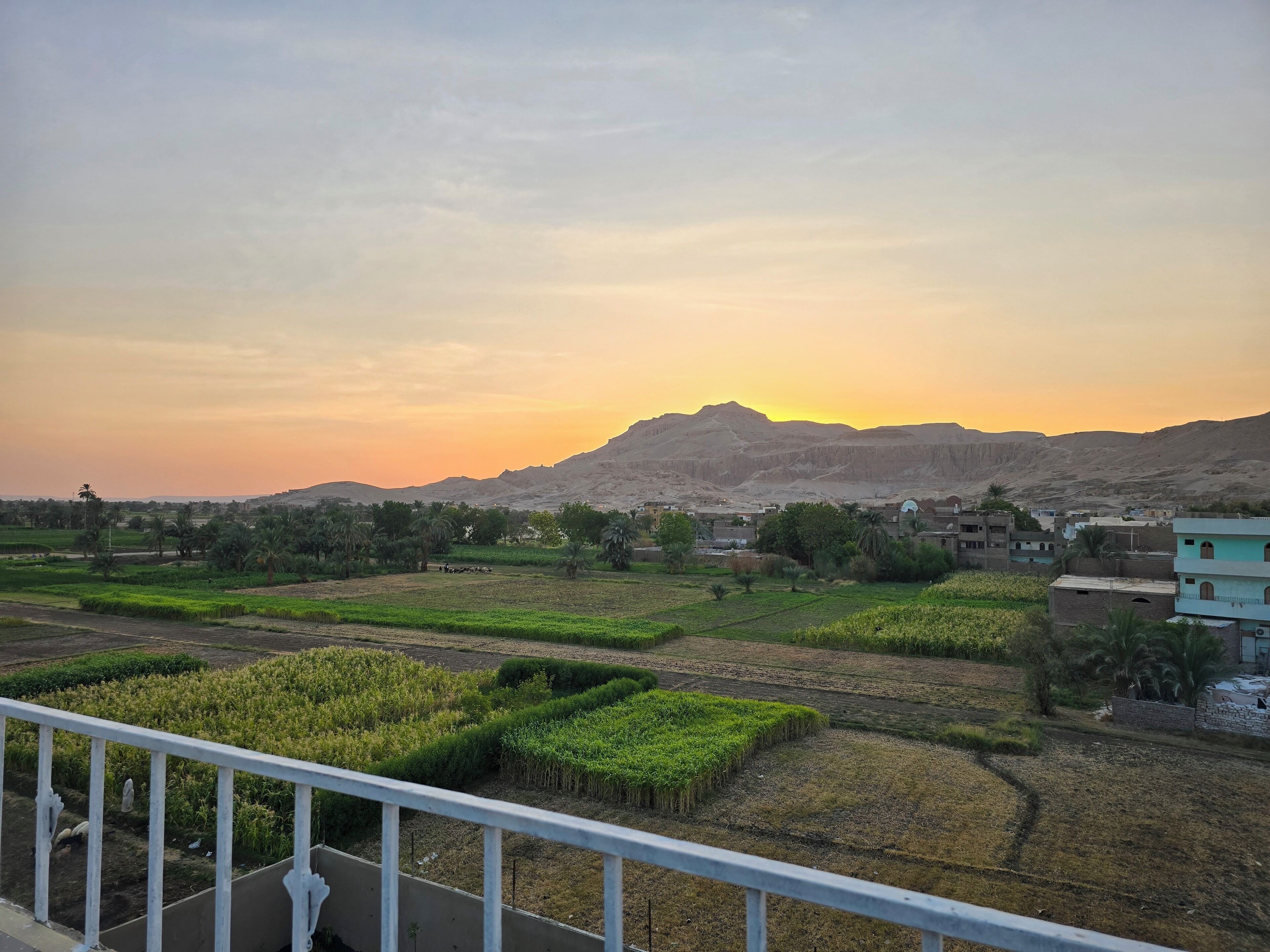 A rural landscape with fields, a mountain, and buildings in the distance.