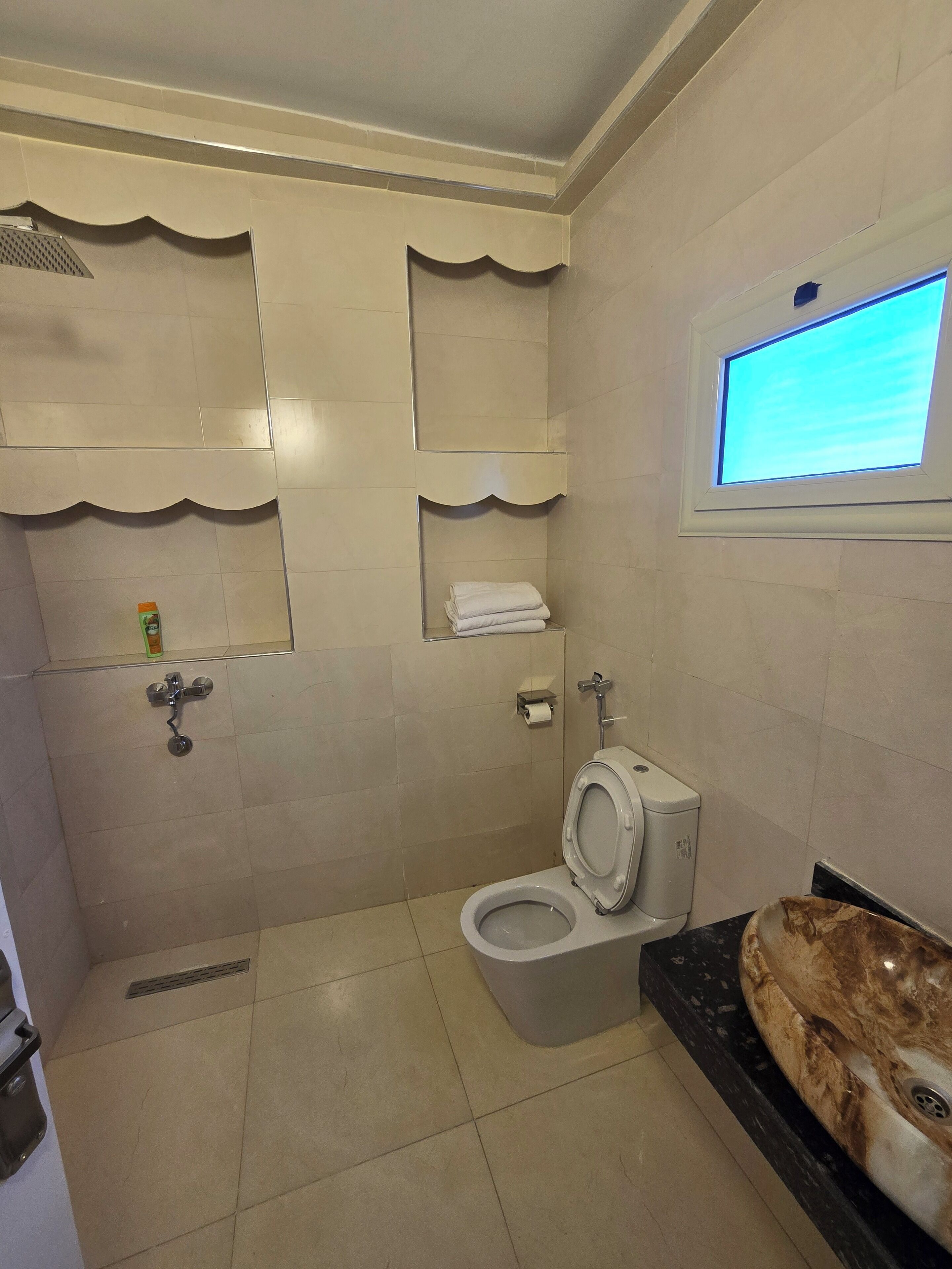 Une salle de bain avec des toilettes, une douche et un lavabo.