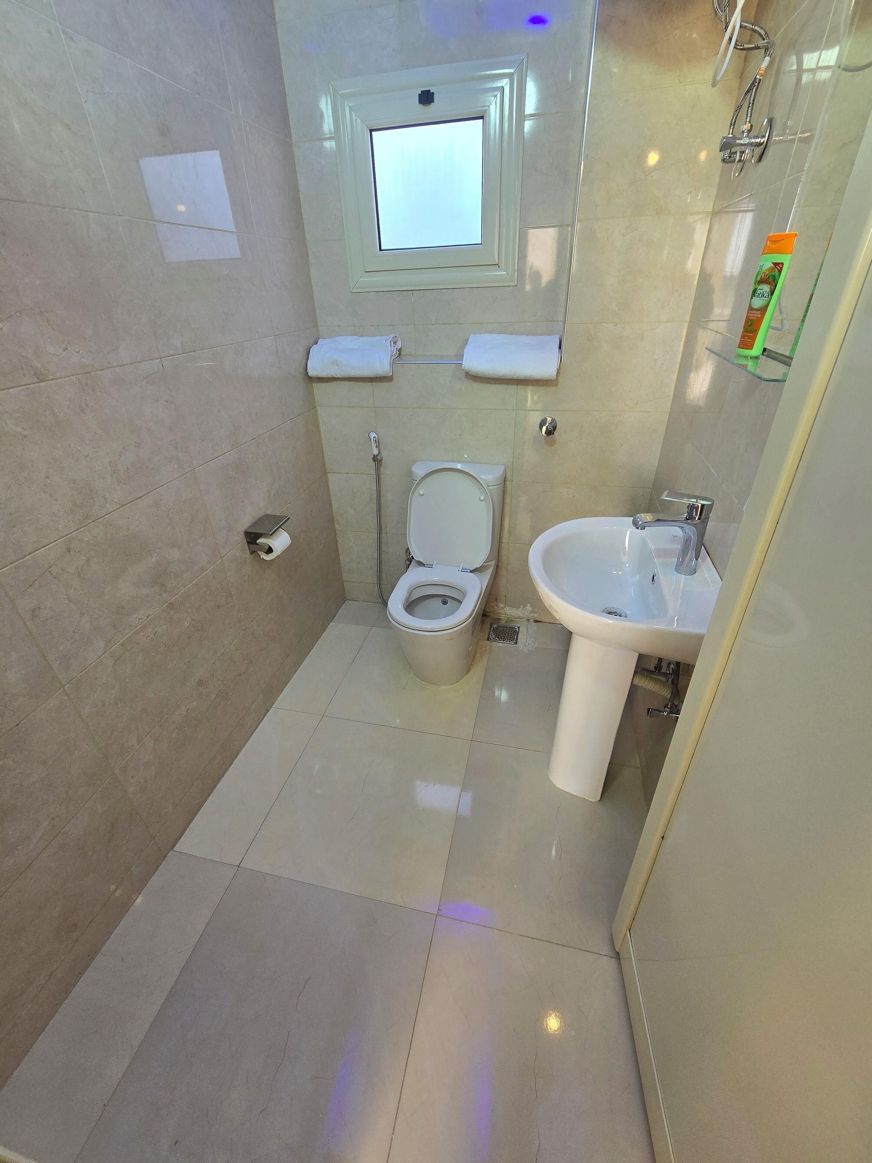 A small bathroom with a toilet, sink, and shower.