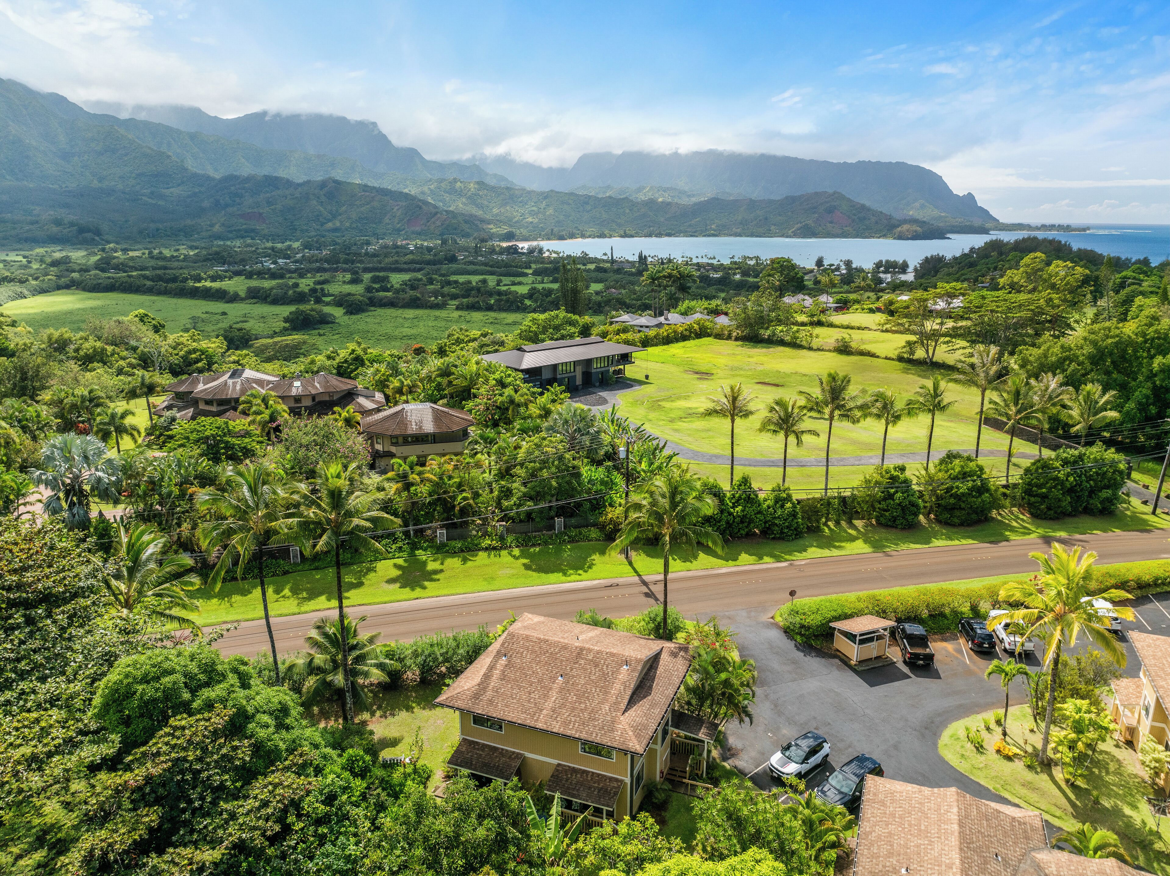 A residential area with houses, a road, and a view of mountains and a lake.