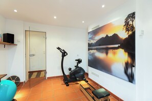 Une pièce équipée d’un vélo d’appartement, d’un téléviseur fixé au mur et d’un grand tableau représentant un paysage.