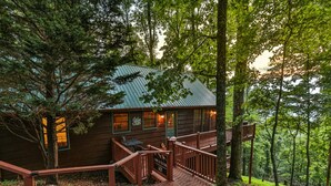 A wooden cabin with a metal roof, surrounded by trees and a wooden deck leading to the entrance. - Mountain top cabin with big views, a relaxing hot tub and 2 gas fireplaces. (Ellijay)