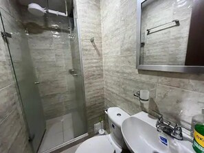 Bathroom features a glass-enclosed shower, handheld showerhead, and wall-mounted faucet.